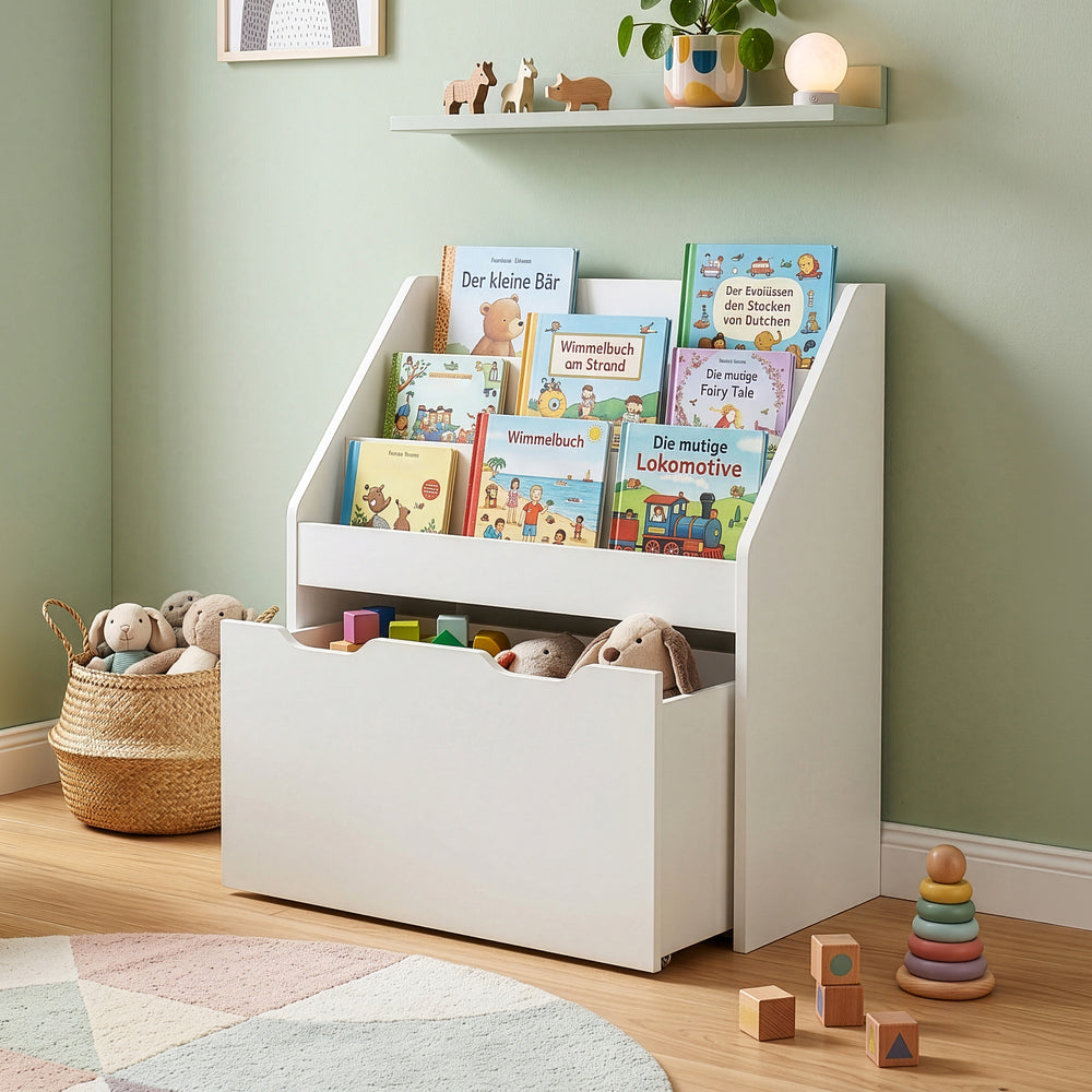 Libreria a Scaletta Sirlstalo per Cameretta Scaffale con 3 Scomparti e Cassetto a Rotelle 70 x 63 x 30 cm - Bianco [en.casa] 