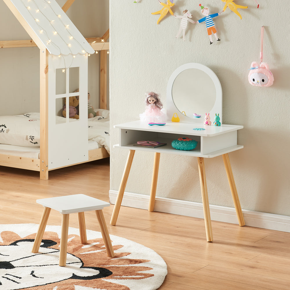 Tavolino da trucco per bambini con sgabello Ovanåker bianco/naturale [en.casa] - premiumXL
