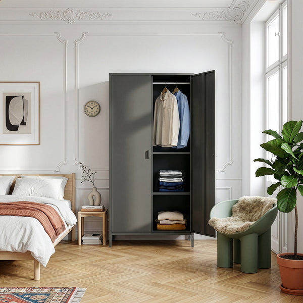Armadio Guradaroba Esteli in Acciaio a 2 Ante con 2 Barre Appendiabiti e 4 Ripiani 170 x 80 x 45 cm [en.casa]
