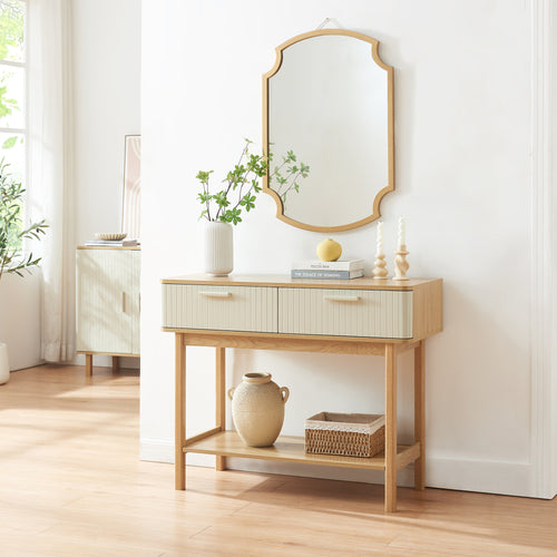 Tavolo a Consolle Ferrersp con 2 Cassetti e Ripiano 100 x 40 x 80 cm - Effetto Rovere / Avena Oatmeal [en.casa]