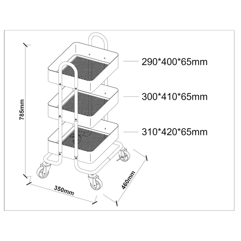 Croquis coté Chariot de service Pyhäntä acier [en.casa]