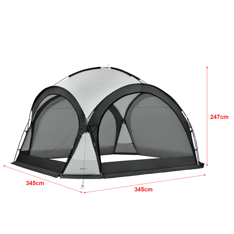 Croquis coté Tonnelle de camping Grästorp avec guirlande à 96 LED 345 x 345 x 247 cm [pro.tec]