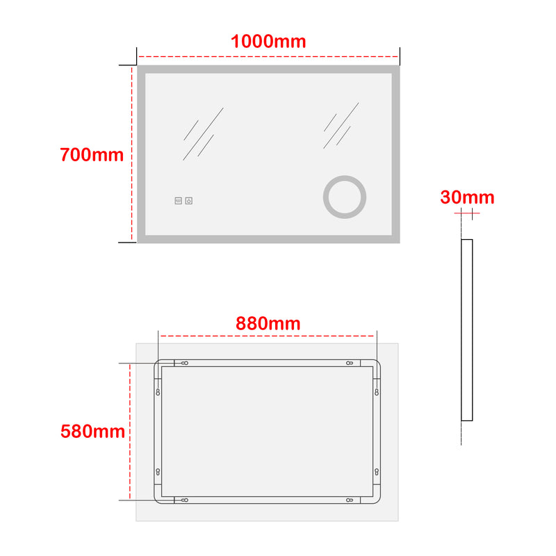 Croquis coté Miroir LED Scafa pour salle de bain pro.tec