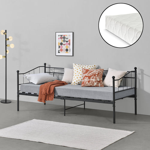 Cadre de Lit Simple Arjeplog Acier Laqué et Matelas à Mousse à Froid 90 x 200 cm [en.casa]