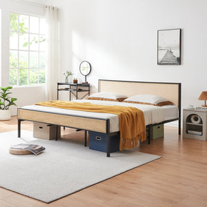 Letto Matrimoniale Linköping in Metallo con Testiera e Pediera Effetto Rattan [en.casa]
