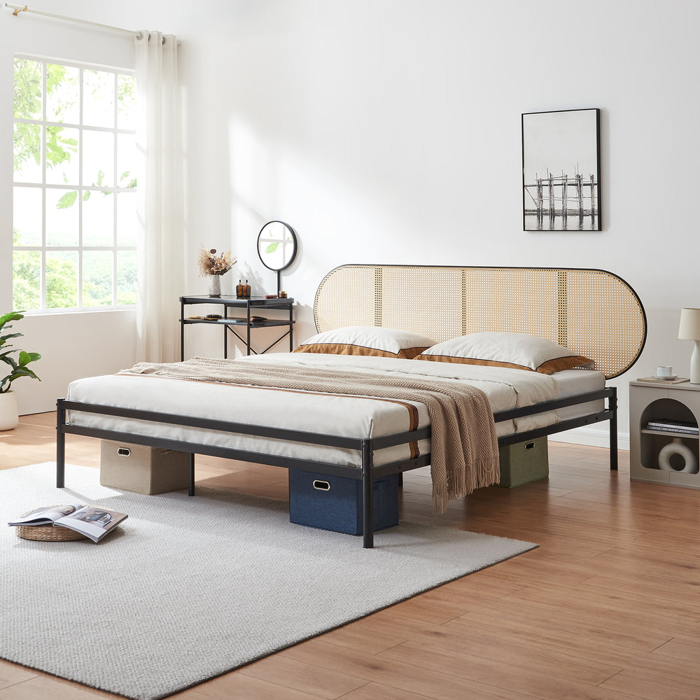 Lit en métal Linköping avec tête de lit ovale noir / effet rotin [en.casa]