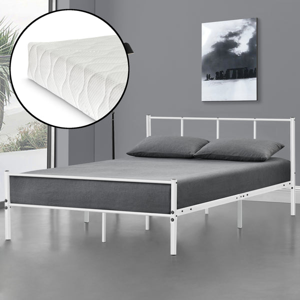 Struttura Letto in Metallo con Testiera e Pediera con Materasso a Schiuma Fredda 90/120/140 x 200cm - Grigio/Bianco