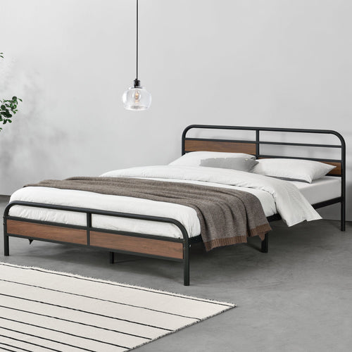 Strurrura Letto Aarau in Metallo Nero con Panelli in Effetto Noce [en.casa]