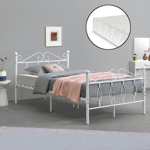 Struttura Letto in Metallo con Testiera e Pediera in Stile Romantico/Classico con Materasso 90/120/140 x 200 cm Letto 1 Piazza e Mezza/ Francese/Singolo - Bianco