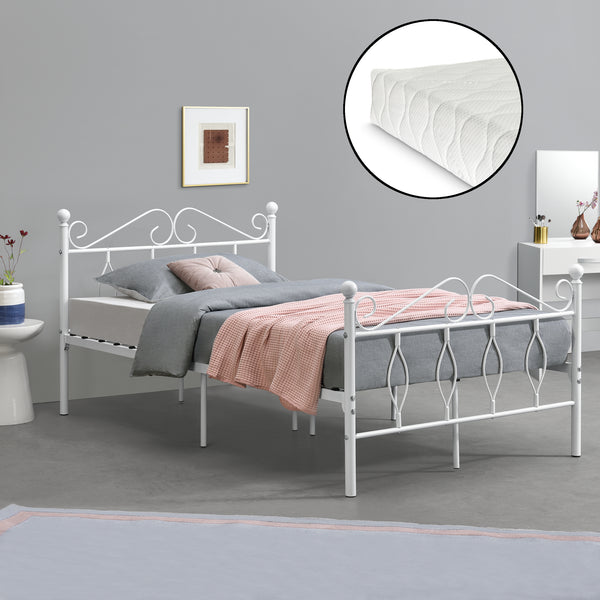 Struttura Letto in Metallo con Testiera e Pediera in Stile Romantico/Classico con Materasso 90/120/140 x 200 cm Letto 1 Piazza e Mezza/ Francese/Singolo - Bianco