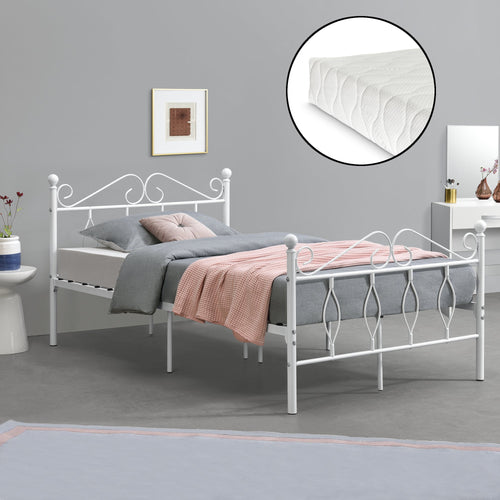 Struttura Letto in Metallo con Testiera e Pediera in Stile Romantico/Classico con Materasso 90/120/140 x 200 cm Letto 1 Piazza e Mezza/ Francese/Singolo - Bianco