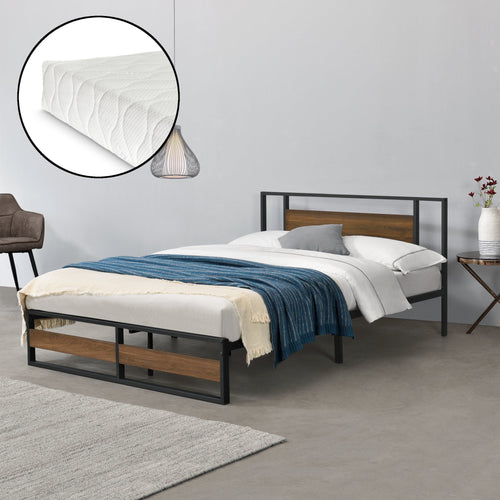 Metallbett Villach mit Matratze in versch. Größen Schwarz Walnuss-Optik [en.casa]