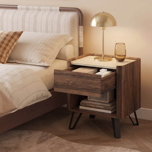 Comodino Trorlon con Cassetto e Vano Aperto 55x50x40 cm - Effetto Noce/Travertino