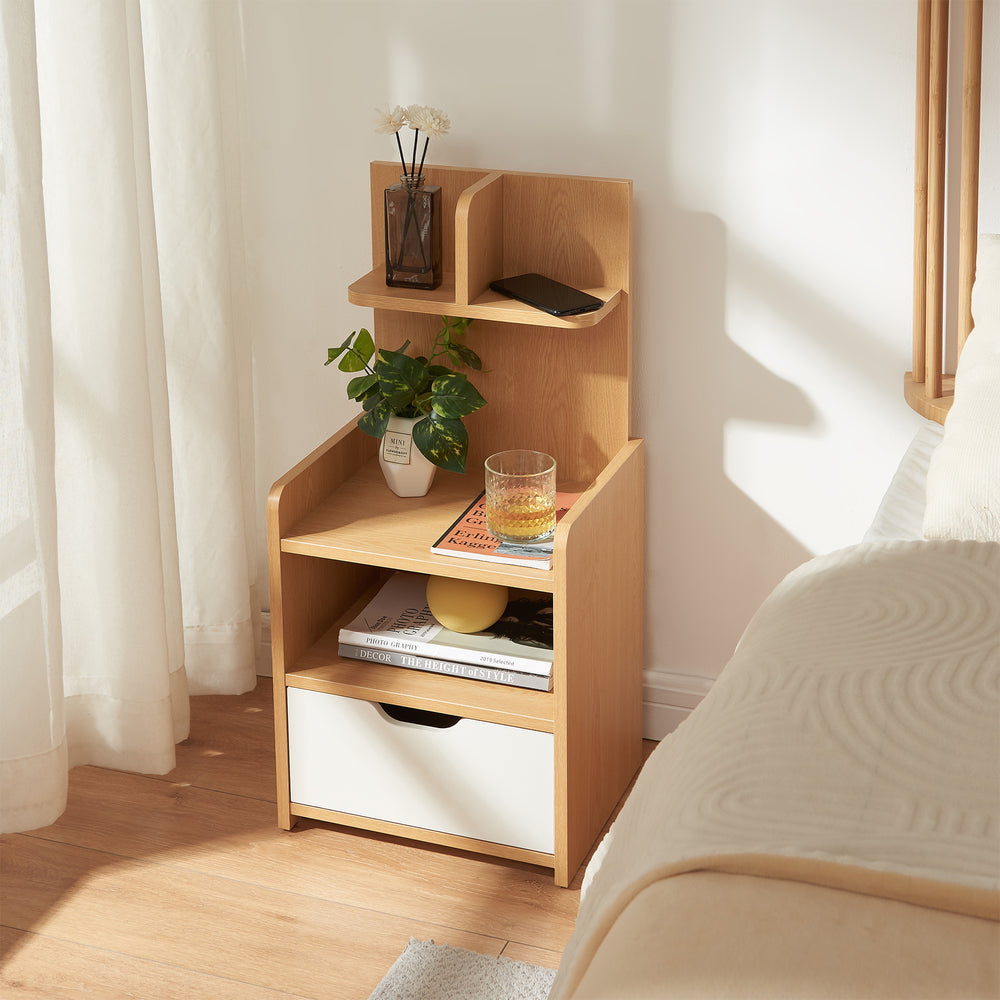 Table de nuit Bordkak avec une étagère 75 x 35 x 30 cm effet chêne / blanc [en.casa]