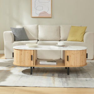 Tavolino Tvedestrand da Salotto con 2 Ante Scorrevoli in Bambù 120 x 55 x 40 cm [en.casa]