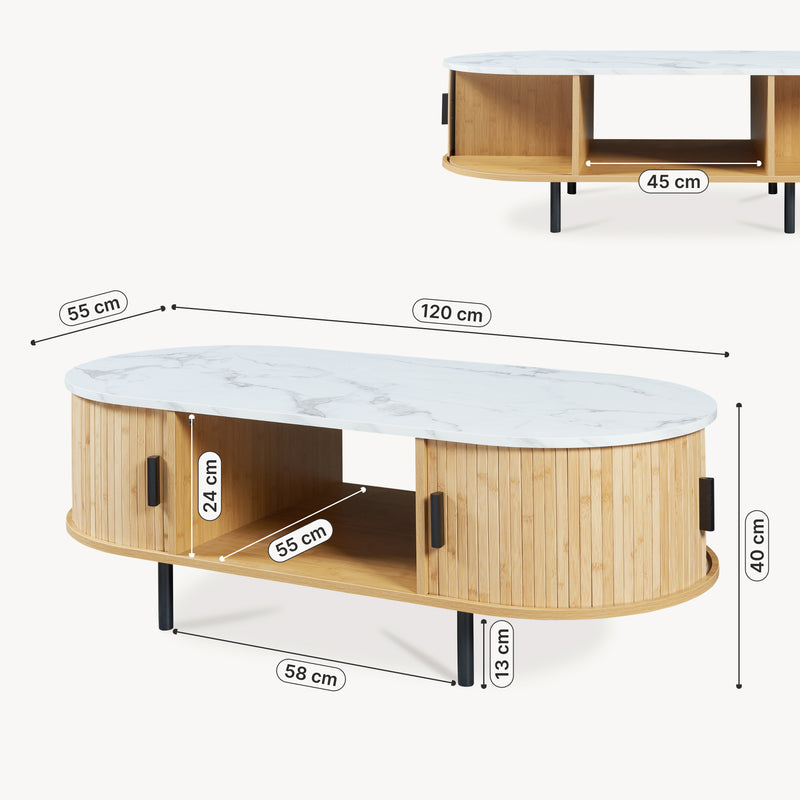 Schizzo in scala Tavolino Tvedestrand da Salotto con 2 Ante Scorrevoli in Bambù 120 x 55 x 40 cm [en.casa]