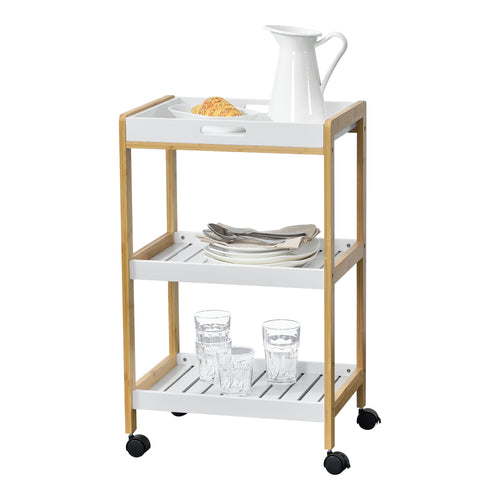 Servierwagen Lugano 75x46x35 cm Rollwagen mit Ablage Weiß/Natur en.casa