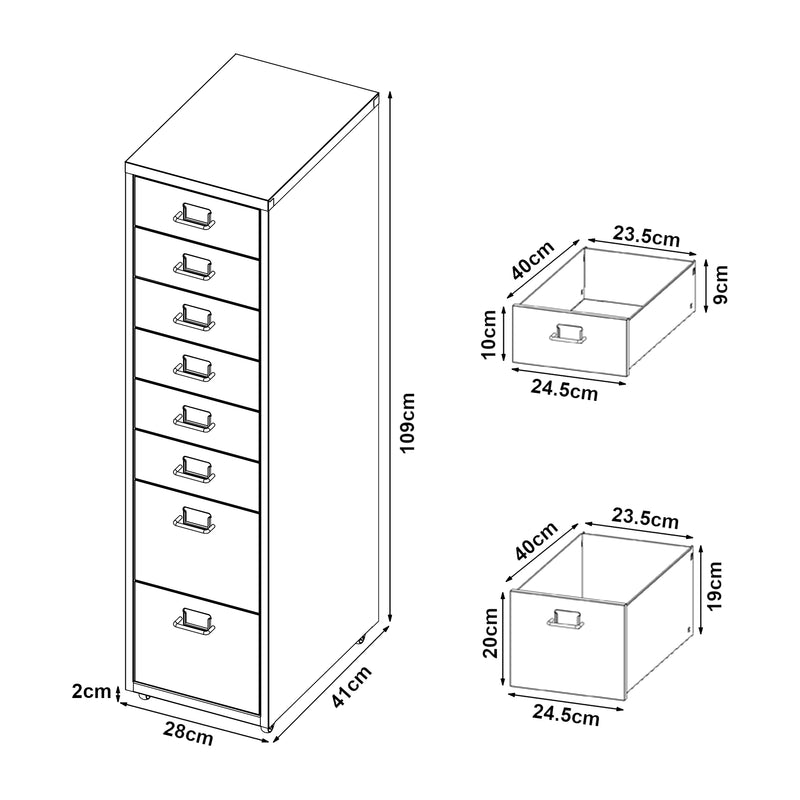 Croquis coté Caisson de bureau Kökar à roulettes avec 8 tiroirs 109 x 28 x 41 cm [en.casa]