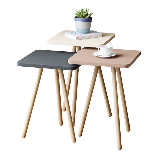 Set di 3 Tavolini Bassi da Salotto 'Hobro' in Altezze Diverse - Piano Quadrato e Gambe in Faggio - Vari colori [en.casa]