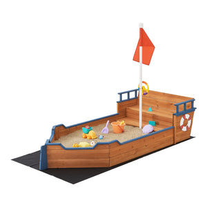Sandkasten Mestia mit Piratenschiffoptik 136x193x94cm Holz Natur [en.casa]