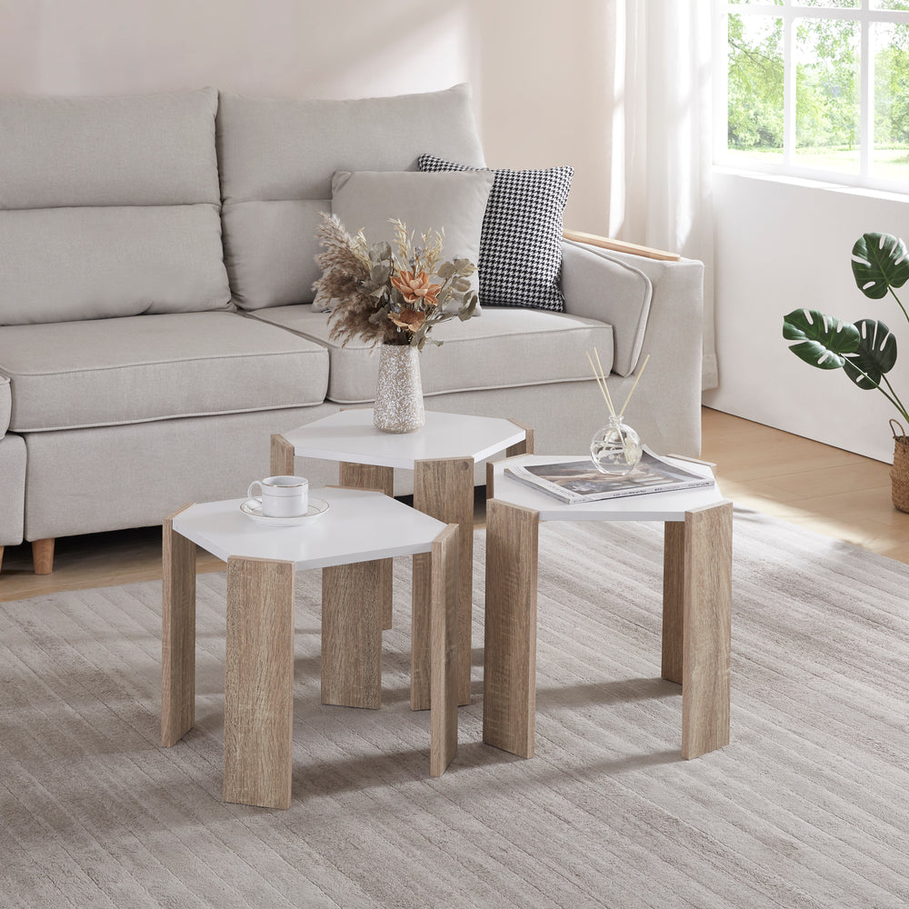 Set di tavolini Rantasalmi 3 pezzi Bianco/Rovere - Aspetto [en.casa] - premiumXL