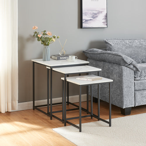 Table d’appoint Trollhättan 3 pièces aspect marbre, blanc [en.casa] - premiumXL