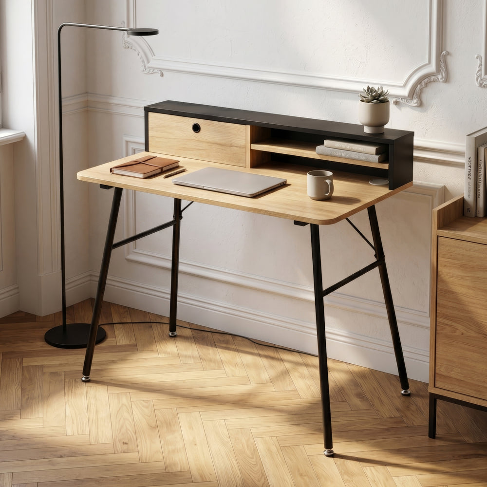 Bureau Var 93 x 90 x 50 cm noir / effet chêne [en.casa]