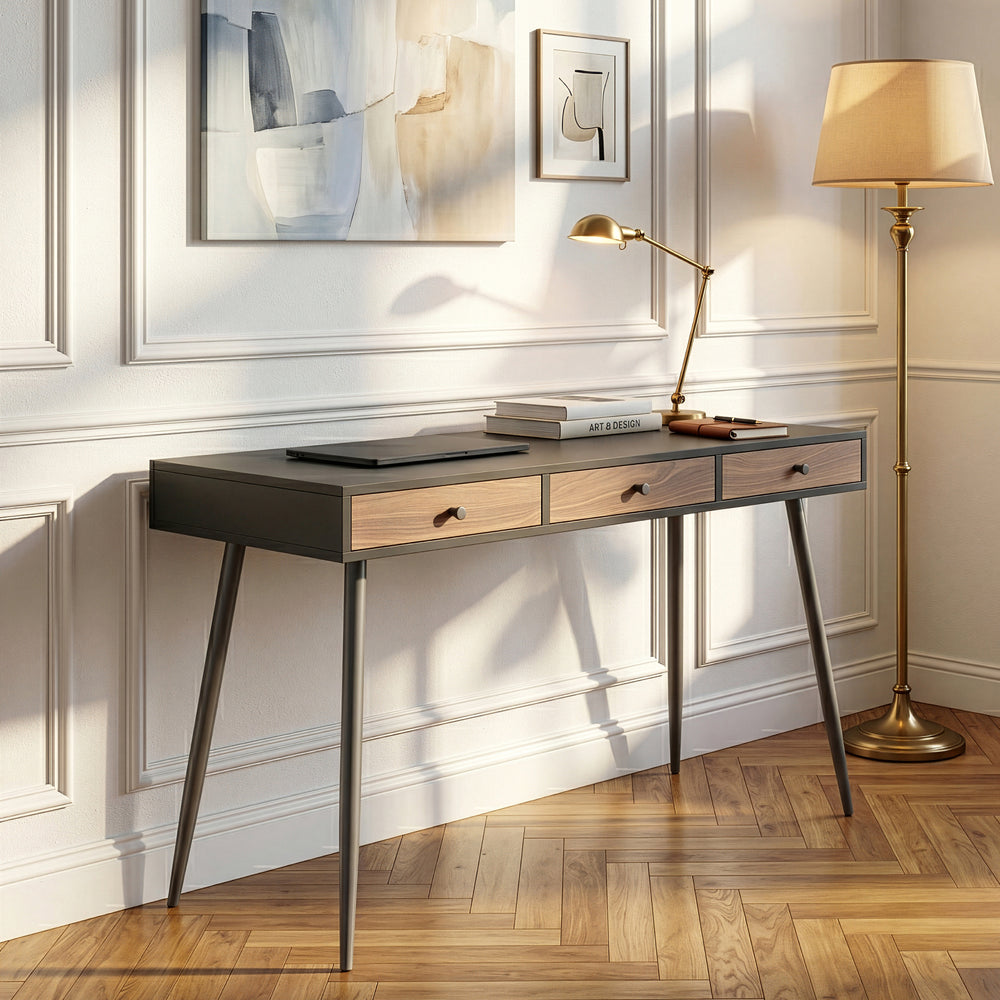 Scrivania Tumba con 3 Cassetti 115 x 48 x 76 cm - Nero/Effetto Noce [en.casa]
