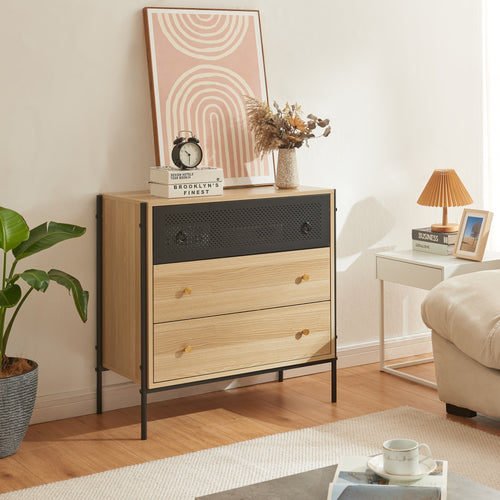 Cassettiera Tysnes con 3 cassetti 80x80x40 cm rovere/nero [en.casa] - premiumXL