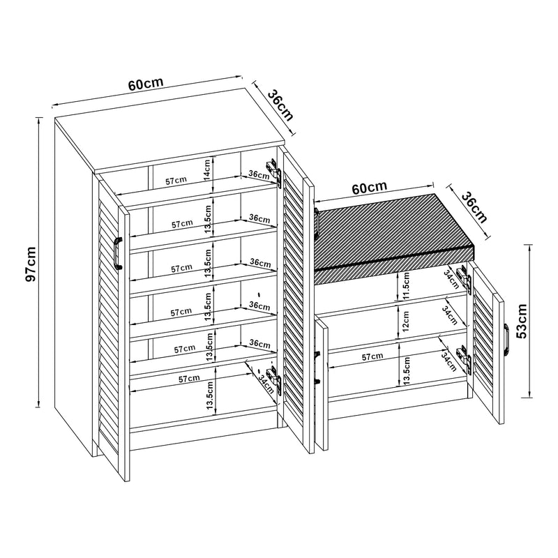 Schizzo in scala Set Løten di Armadio Scarpiera e Panca 97 x 120 x 36 cm Grigio [en.casa] 