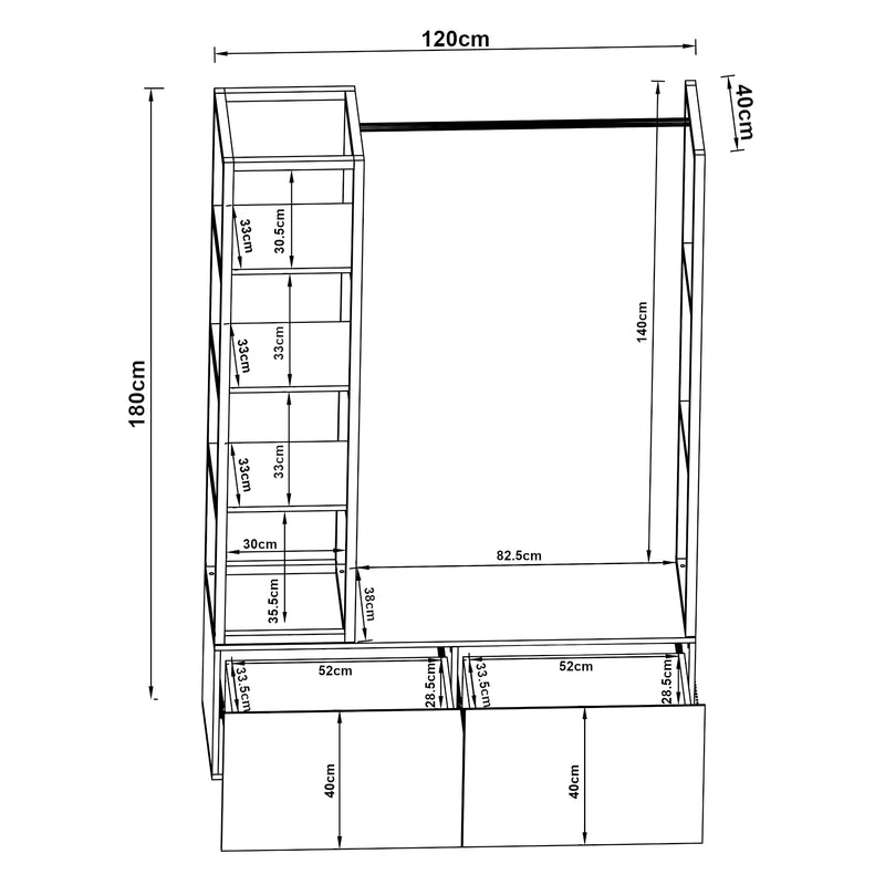 Schizzo in scala Armadio Aperto Egmating per Guardaroba 180 x 120 x 40 cm - Vari Colori [en.casa]