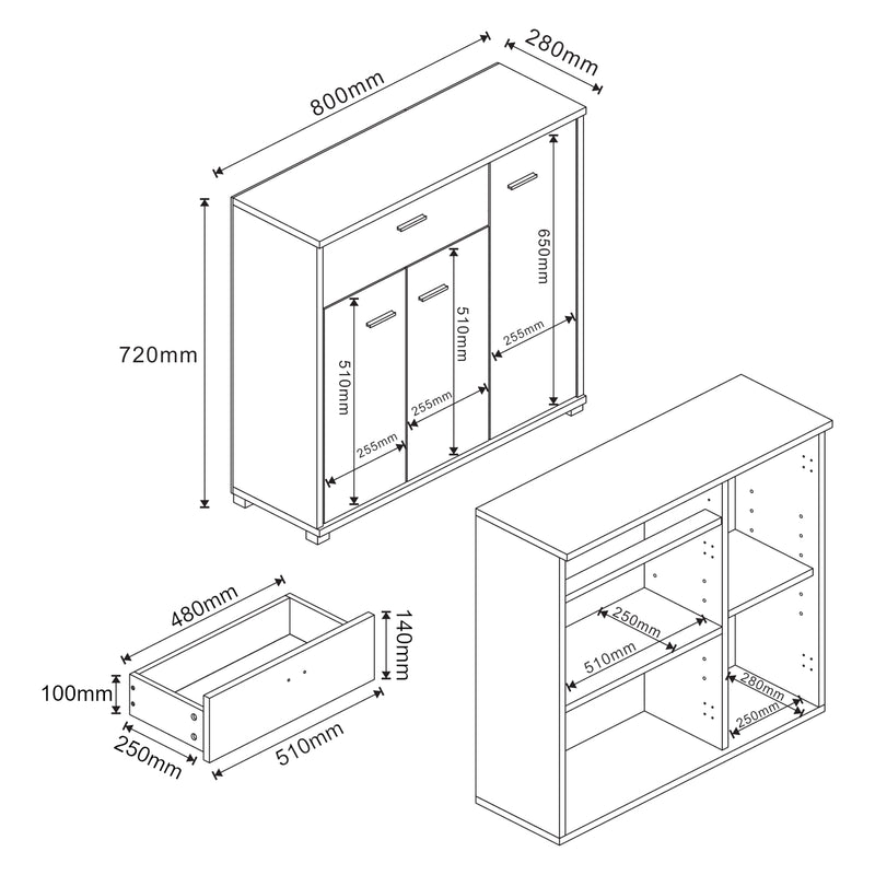 Croquis coté Commode Bobeck panneau de particules 72 x 80 x 28 cm [en.casa]