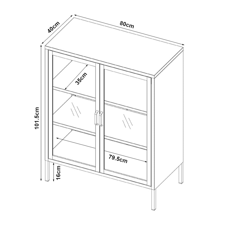 Schizzo in scala Credenza Fauske in Acciaio con 2 Ante in Vetro Temperato 101,5 x 80 x 40 cm - Vari Colori [en.casa]