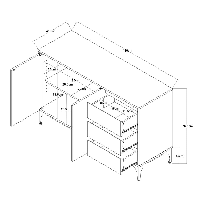 Schizzo in scala Credenza Bassa Kistiandi a 2 Ante e 3 Cassetti 77 x 120 x 40 cm [en.casa]