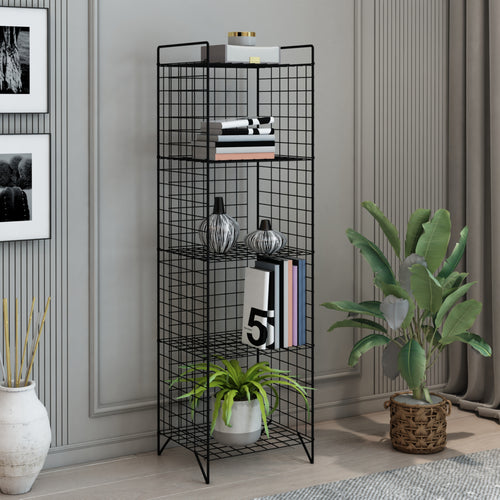 Scaffale in Metallo Reticolato 'Jægerspris' Scaffale Stretto con 3/4/5 Ripiani Rimovibili Mobile Espositore in Stile Industriale - Nero [en.casa] 