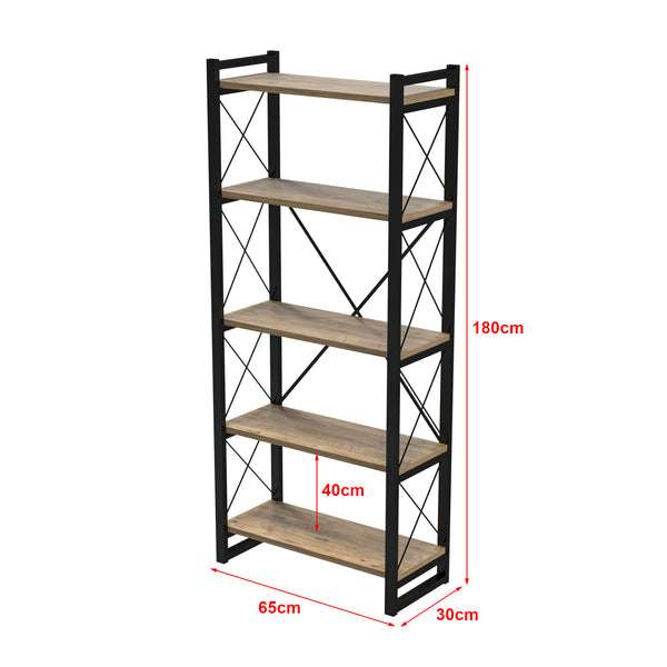 Scaffale a Terra ''Skørping Libreria con 3/4/5 Ripiani Mobile Espositore con Telaio in Metallo - Nero / color Legno [en.casa]