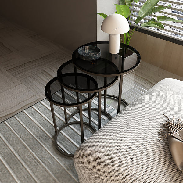 Set di 3 Tavolini Bassi 'Kyyjärvi' Sovrapponibili con Piano Tondo in Vetro [en.casa]