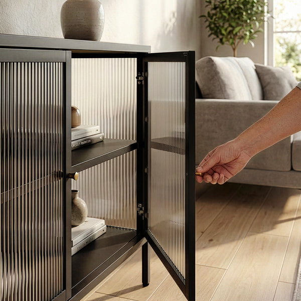 Credenza Vinterhavn in Acciaio con Ante in Vetro Scanalato [en.casa] 