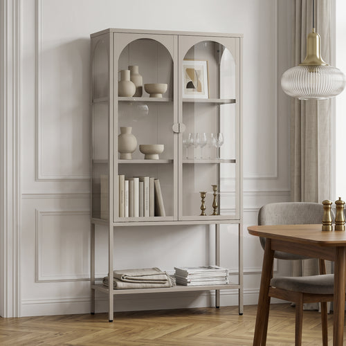 Vetrina Klippestad Credenza Alta a 2 Ante in Vetro e Ripiano Aperto 160 x 80 x 35 cm - Grigio Caldo [en.casa]