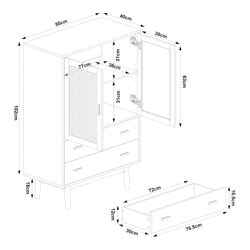Schizzo in scala Credenza Susa con Vetrina e 2 Cassetti [en.casa]