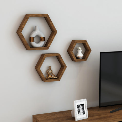 Set 'Stubbekøbing' di 3 Mensole da Muro in Misure Diverse Mensole in Legno di Pino Forma Esagonale - Legno Scuro [en.casa] 