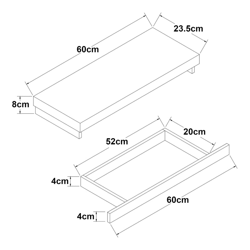 Schizzo in scala Mensola Karkkila con Cassetto Integrato Comodino Sospeso 60 x 23,5 x 8 cm - Vari colori [en.casa] 