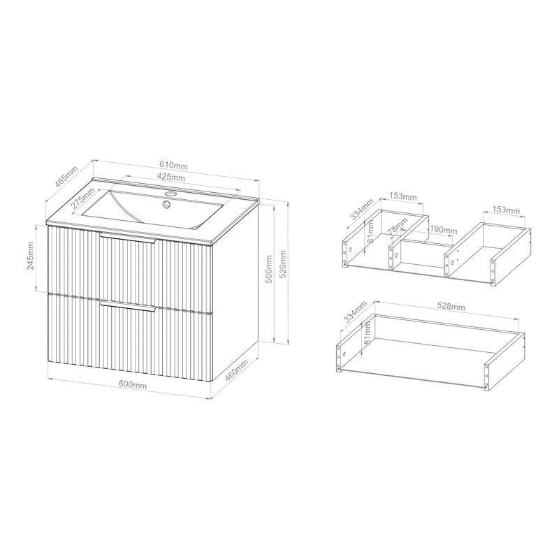 Croquis coté Meuble sous-lavabo avec vasque Veppenssan effet chêne [en.casa] 