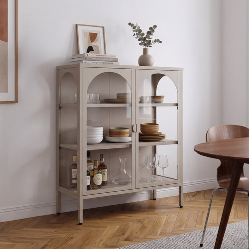 Buffet haut Klippestad acier verre trempé 95 x 80 x 35 cm camel [en.casa]