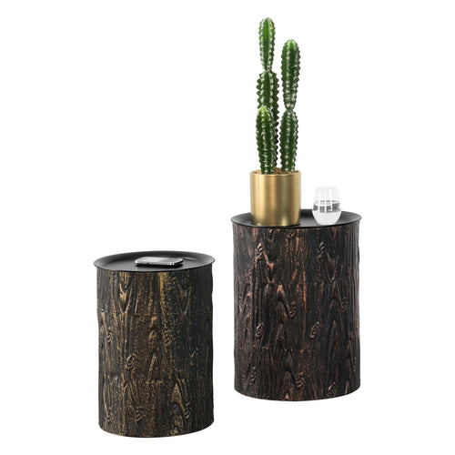 Set da 2 Tavolini  in Metallo a Forma di Cilindro in 2 Misure Diverse con Piano Rimovibile 2 Tavolini da Salotto/Soggiorno Portaoggetti Contenitore in Effetto Tronco