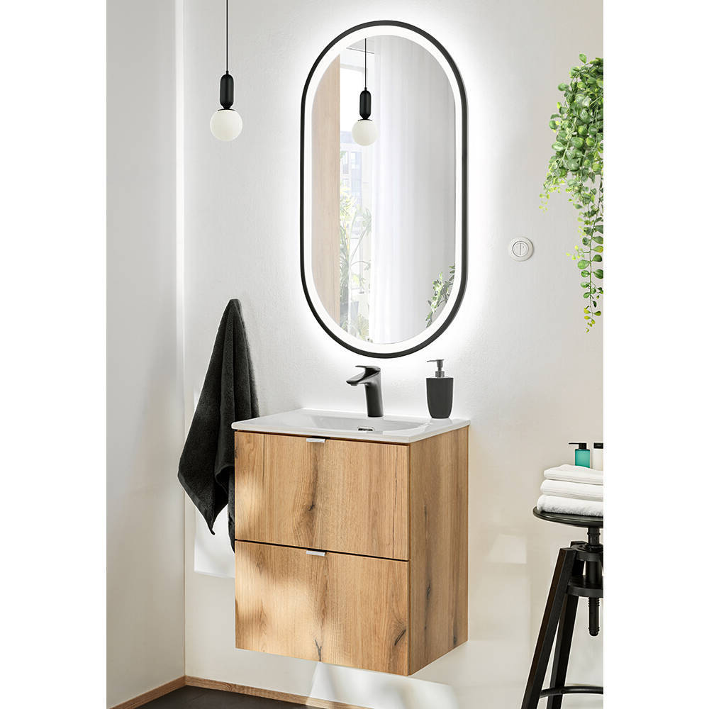 Lavabo Skelbolu 50x57x39 cm LED - Specchio effetto rovere [en.casa] - premiumXL