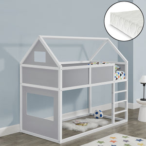 Lit d'Enfant Superposé Maison Solide à Sommier à Lattes avec Matelas et Échelle Pin Contreplaqué 90 x 200 cm [en.casa] [neu.haus]