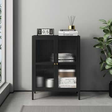 Sideboard Säkylä Stahl mit Glas Türen 64x35x84 cm Schwarz [en.casa]