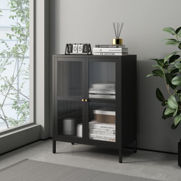 Sideboard Säkylä Stahl mit Glas Türen 64x35x84 cm Schwarz [en.casa]