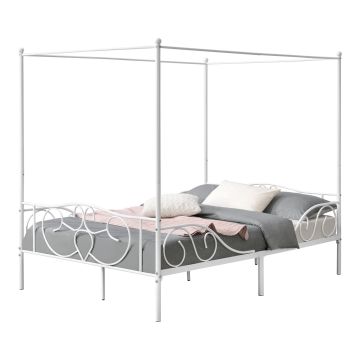 Himmelbett Finström 140x200cm Metall Bettrahmen mit Lattenrost Weiß en.casa